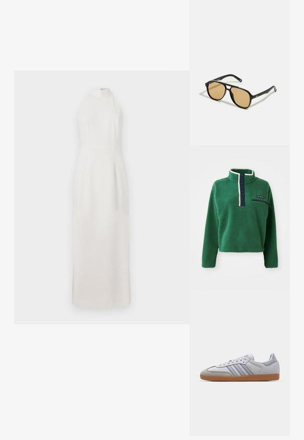 Pullover en polaire vert avec un col montant, patte de boutonnage marine et poche zippée. Présente une texture douce et une bordure crème contrastante.; Robe blanche sans manches avec un col haut, faite en tissu lisse. Présente un corsage ajusté et une jupe fluide qui descend jusqu'au sol.; Baskets en cuir blanc avec des accents bleu clair, un bout en daim gris et une semelle en caoutchouc marron. Présente trois bandes bleues et le marquage "Samba".; Lunettes de soleil noires avec des verres teintés marron ; forme rectangulaire avec une monture épaisse, incluant des détails discrets en métal sur les branches.