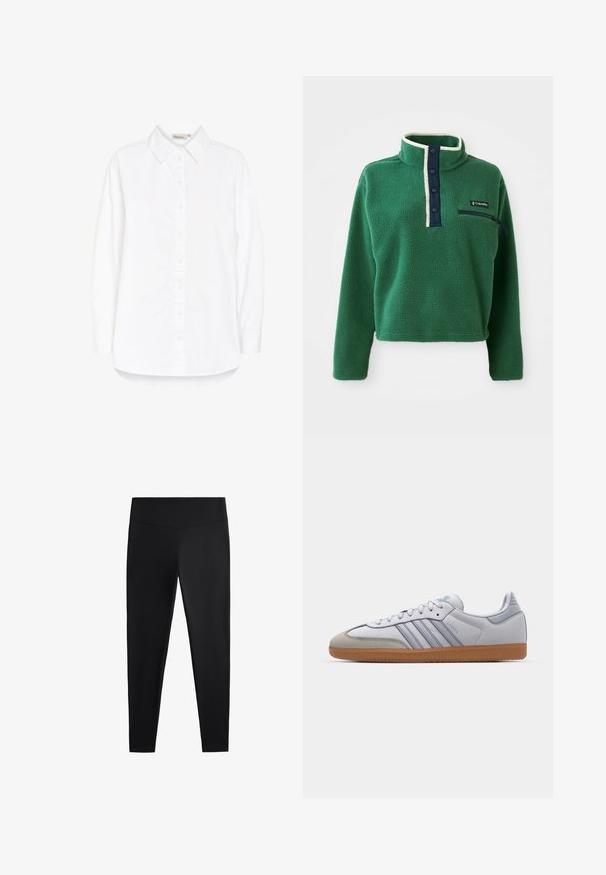 Groene fleece pullover met hoge kraag, marineblauwe knoopsluiting en een ritszak. Heeft een zachte textuur en contrasterende crèmekleurige afwerking.; Witte commissieoverhemd met een puntcollar, lange mouwen en een gebogen zoom. Gemaakt van een gladde, lichte stof. Subtiele glans.; Zwarte leggings van gladde, rekbare stof. Voorzien van een brede tailleband en een taps toelopend pootdesign, geschikt voor actieve of casual kleding.; Witte leren sneakers met lichtblauwe accenten, grijs suède neus en een bruine rubberen zool. Voorzien van drie blauwe strepen en "Samba"-branding.