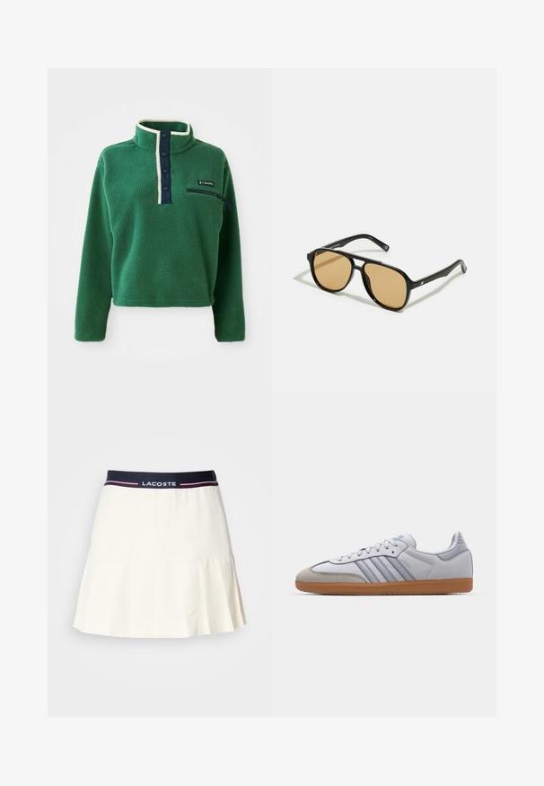 Grön fleece-pullover med hög krage, marinblå knappslå och en ficka med dragkedja. Har mjuk textur och kontrasterande crèmefärgade detaljer.; Vit plisserad kjol med midja i marinblått och en Lacoste-logotyp samt röda detaljer. Tillverkad av ett mjukt och slätt material.; Vita lädersneakers med ljusblå accenter, grå mocka tå och en brun gummisula. Har tre blå ränder och "Samba"-logotyp.; Svarta solglasögon med bruna tonade linser; rektangulär form med en tjock ram, inklusive subtila detaljer av metall vid glasögonbågarna.