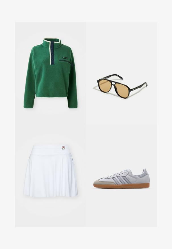 Zöld fleece pulóver magas gallérral, sötétkék gombos részlettel és cipzáras zsebbel. Puha tapintású, kontrasztos krémszínű díszítéssel.; Fehér tenisz szoknya rugalmas anyagból, sima derékkal és diszkrét redőkkel, a bal felső sarokban egy kis logós címkével.; Fehér bőr sportcipők világoskék részletekkel, szürke velúr orral és barna gumitalppal. Három kék csíkkal és "Samba" felirattal rendelkezik.; Fekete napszemüveg barna árnyalatú lencsékkel; téglalap alakú, vastag kerettel, a szárakon diszkrét fém részletekkel.