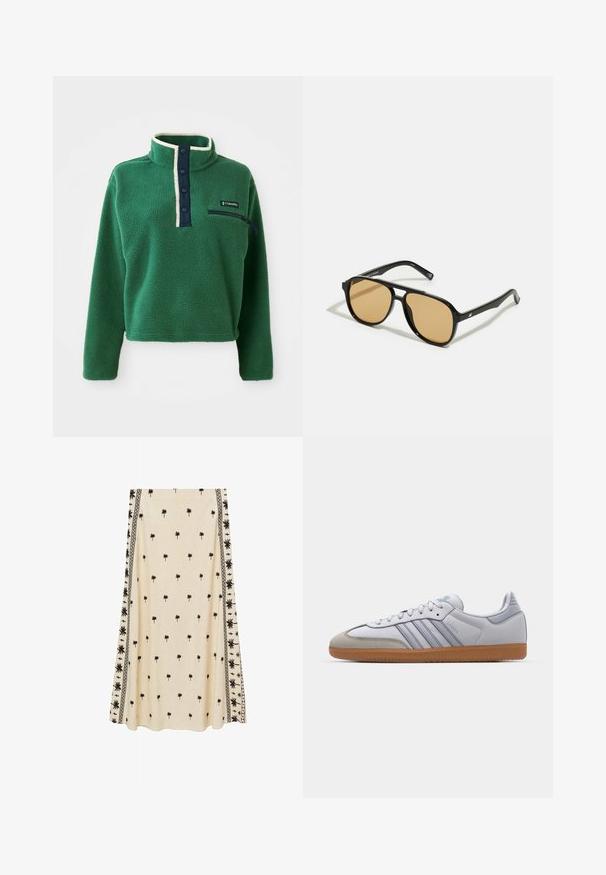 Grøn fleece-pullover med høj krave, navy trykknap-lukning og en lynlås-lomme. Har en blød tekstur og kontrasterende cremet kant.; Cremefarvet nederdel med små sorte palmetræer, prydet med intrikate sorte kantmønstre langs siderne, fremstillet af letvægtigt stof.; Hvide lædersneakers med lyseblå accenter, grå ruskindsnæse og en brun gummisål. Har tre blå striber og "Samba" branding.; Sorte solbriller med brune tonede linser; rektangulær form med en tyk ramme, herunder diskrete hardwaredetaljer på stængerne.