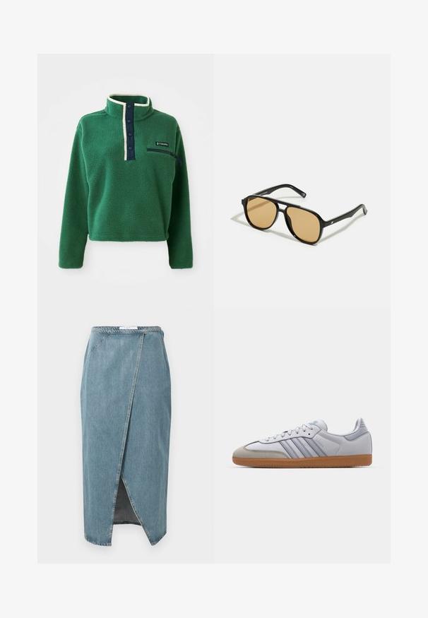 Zöld fleece pulóver magas gallérral, sötétkék gombos részlettel és cipzáras zsebbel. Puha tapintású, kontrasztos krémszínű díszítéssel.; Világoskék farmer szoknya, amely áttört dizájnnal rendelkezik, látható varrásokkal, elülső hasítékkal és testes derékkal.; Fehér bőr sportcipők világoskék részletekkel, szürke velúr orral és barna gumitalppal. Három kék csíkkal és "Samba" felirattal rendelkezik.; Fekete napszemüveg barna árnyalatú lencsékkel; téglalap alakú, vastag kerettel, a szárakon diszkrét fém részletekkel.