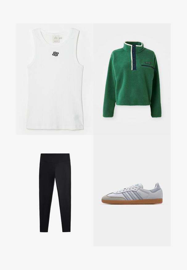 Grüner Fleece-Pullover mit hohem Kragen, maritimer Knopfleiste und einer Reißverschlusstasche. Mit weicher Textur und kontrastierender cremefarbener Einfassung.; Weißes, geripptes Tank-Top aus Baumwolle mit einem runden Halsausschnitt und einem schwarzen gestickten Logo auf der oberen linken Seite. Schlichtes Design, ärmellos.; Schwarze Leggings aus glattem, dehnbarem Stoff. Mit einem breiten Bund und tailliertem Bein Design, geeignet für aktive oder lässige Kleidung.; Weiße Ledersneaker mit hellblauen Akzenten, grauem Wildlederzehen und einer braunen Gummisohle. Verfügt über drei blaue Streifen und "Samba"-Branding.