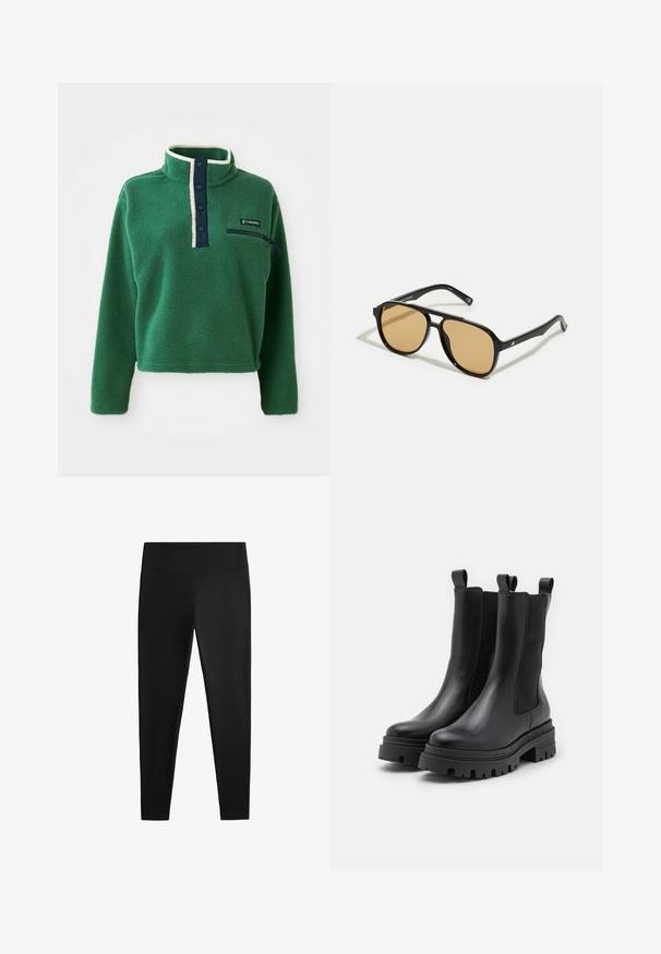 Zielony polarowy sweter z wysokim kołnierzem, granatowym zapięciem na guziki i zamkiem błyskawicznym w kieszeni. Posiada miękką teksturę i kontrastowe kremowe wykończenie.; Czarne legginsy wykonane z gładkiego, elastycznego materiału. Posiadają szeroki pas oraz zwężany krój nogawek, odpowiednie zarówno do aktywności fizycznej, jak i na co dzień.; Czarne skórzane botki za kostkę z elastycznymi panelami bocznymi i pętelkami do zakładania. Masywne gumowe podeszwy z głębokimi wzorami bieżnika dla lepszej przyczepności.; Czarne okulary przeciwsłoneczne z brązowymi szkłami; prostokątny kształt z grubą oprawą, z delikatnymi akcentami na zausznikach.