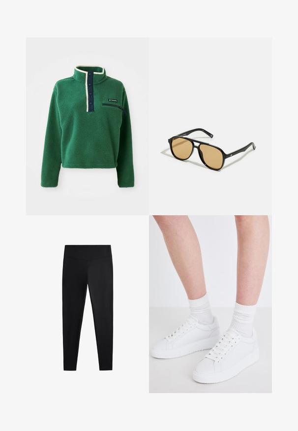 Zielony polarowy sweter z wysokim kołnierzem, granatowym zapięciem na guziki i zamkiem błyskawicznym w kieszeni. Posiada miękką teksturę i kontrastowe kremowe wykończenie.; Czarne legginsy wykonane z gładkiego, elastycznego materiału. Posiadają szeroki pas oraz zwężany krój nogawek, odpowiednie zarówno do aktywności fizycznej, jak i na co dzień.; Copenhagen Studios CPH72 biały; Czarne okulary przeciwsłoneczne z brązowymi szkłami; prostokątny kształt z grubą oprawą, z delikatnymi akcentami na zausznikach.