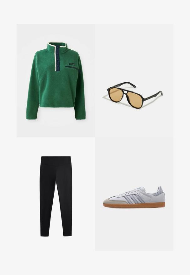 Zeleni flis pulover s visokim ovratnikom, mornarskom dugmetom do kragne i zip džepom. Ima mekanu teksturu i kontrastne kremaste detalje.; Crne tajice izrađene od glatkog, rastezljivog materijala. Imaju široki pojas i suženi kroj nogavica, pogodne za aktivno ili ležerno nošenje.; Bijele kožne tenisice s svijetloplavim detaljima, sivim nubuk vrhom i smešnim gumiranim đonom. Imaju tri plava pruga i "Samba" oznaku.; Crne sunčane naočale s smeškastim sočivima; pravokotni oblik s debelim okvirom, uključujući suptilne hardverske akcentne detalje na sljepoočnicama.