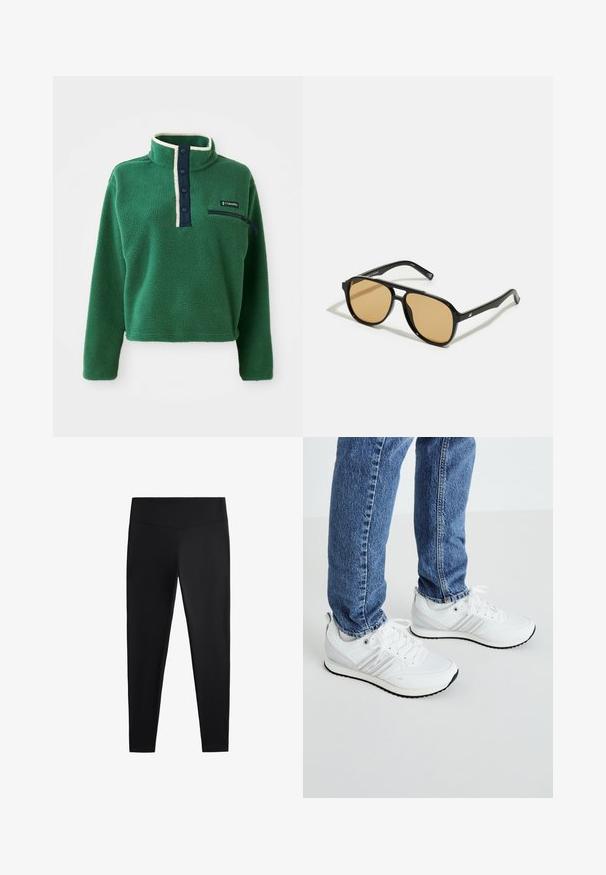 Pullover in pile verde con colletto alto, patta con bottoni blu e tasca con zip. Presenta una consistenza morbida e bordi a contrasto in crema.; Leggings neri realizzati in tessuto liscio e elasticizzato. Presentano una cintura larga e un design a gamba affusolata, adatti per un abbigliamento sia attivo che casual.; Sneakers atletici bianchi con una superficie liscia, dotati di tre strisce parallele, lacci e suola in gomma nera. Indossati con jeans blu.; Occhiali da sole neri con lenti a sfumatura marrone; forma rettangolare con una montatura spessa, inclusi sottili dettagli metallici sulle astine.