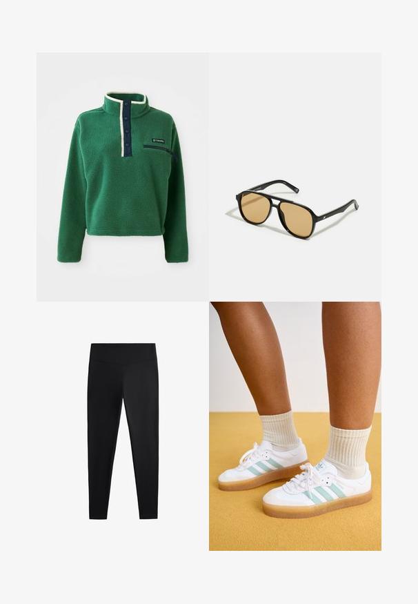 Pulover verde din fleece cu guler înalt, placket albastru cu nasturi și un buzunar cu fermoar. Are o textură moale și trimuri contrastante de crem.; Colanți negri realizați dintr-un material neted și elastic. Prezintă o talie lată și un design cu picioare conice, potriviți pentru activități sportive sau purtat casual.; Adidași albi cu dungi mint verzi, talpă din gumă și șireturi, asortați cu șosete crem cu model ribbat. Fundal galben.; Ochelari de soare negri cu lentile de culoare maro; formă rectangulară cu un cadru gros, inclusiv accente hardware subtile pe mânere.