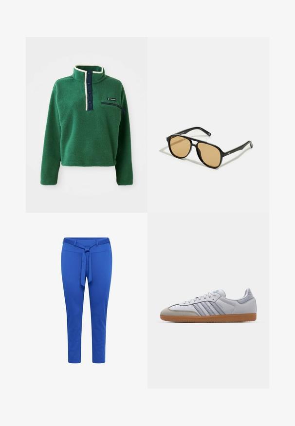 Vihreä fleece-pullovetokontti korkean kauluksen, laivastonsinisen nappilistauksen ja vetoketjullisen taskun kanssa. Sisältää pehmeän tekstuurin ja kontrastina toimivan kermaisen viimeistelyn.; Siniset kapenevat housut joustavasta kankaasta, vyöllä varustettu vyötärö, sileä pinta ja polven keskipituisuus.; Valkoiset nahkakengät, joissa on vaaleansinisiä yksityiskohtia, harmaa mokkanahkainen varvas ja ruskea kumipohja. Sisältää kolme sinistä raitaa ja "Samba" -merkinnän.; Mustat aurinkolasit ruskeilla sävyillä; suorakaiteen muotoiset, joissa on paksu kehys ja hienovaraiset metallikoristeet varsissa.