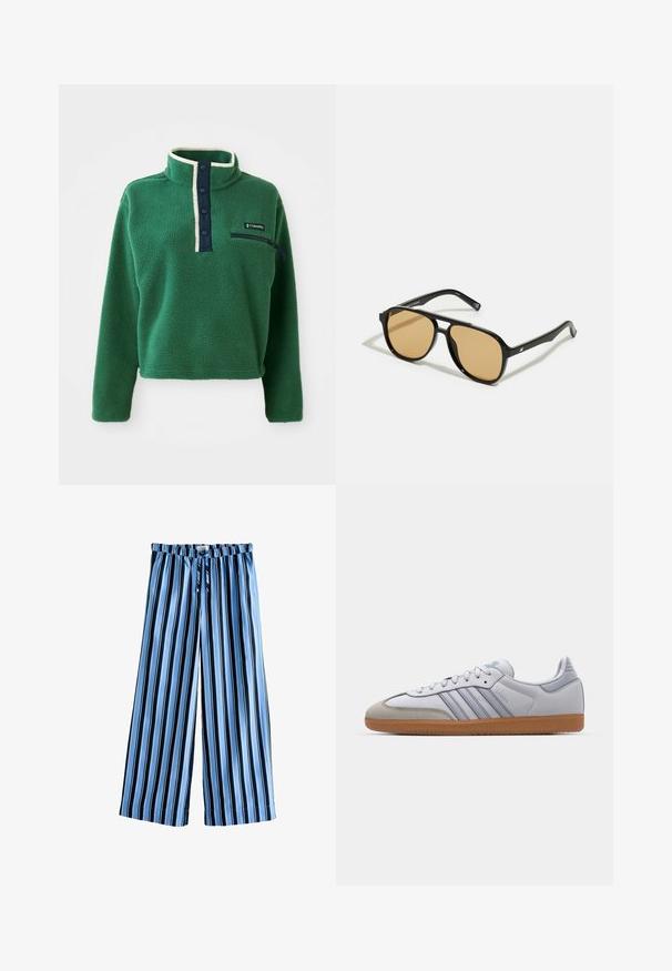 Grüner Fleece-Pullover mit hohem Kragen, maritimer Knopfleiste und einer Reißverschlusstasche. Mit weicher Textur und kontrastierender cremefarbener Einfassung.; Gestreifte weite Hosen in Hellblau und Marineblau, mit einem Kordelzugbund, weichem Stoff und einer lockeren Silhouette für hohen Tragekomfort.; Weiße Ledersneaker mit hellblauen Akzenten, grauem Wildlederzehen und einer braunen Gummisohle. Verfügt über drei blaue Streifen und "Samba"-Branding.; Schwarze Sonnenbrille mit braun getönten Gläsern; rechteckige Form mit einem dicken Rahmen, einschließlich subtiler Hardware-Akzente an den Bügeln.