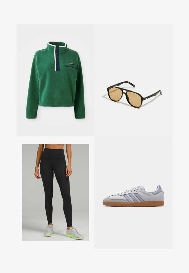 Zöld fleece pulóver magas gallérral, sötétkék gombos részlettel és cipzáras zsebbel. Puha tapintású, kontrasztos krémszínű díszítéssel.; Felső derékig érő fekete leggings rugalmas anyagból, sima textúrával és testhez simuló kialakítással. Világosszürke sportcipőkkel viselve.; Fehér bőr sportcipők világoskék részletekkel, szürke velúr orral és barna gumitalppal. Három kék csíkkal és "Samba" felirattal rendelkezik.; Fekete napszemüveg barna árnyalatú lencsékkel; téglalap alakú, vastag kerettel, a szárakon diszkrét fém részletekkel.