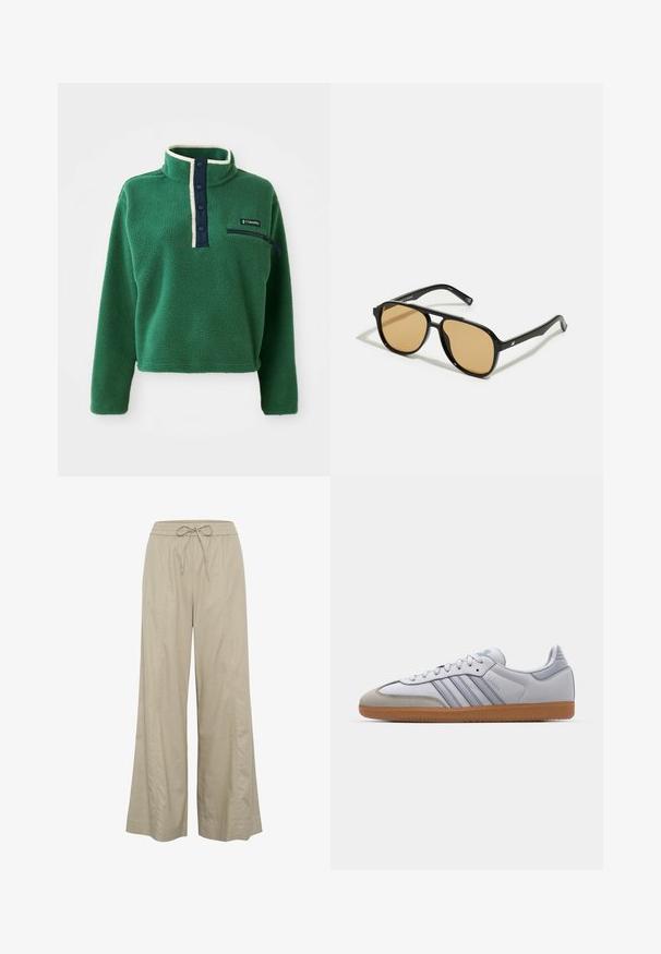 Pullover de fleece verde com gola alta, abertura com botões em azul marinho e bolso com zipper. Apresenta uma textura suave e um acabamento em creme contrastante.; Calças largas em bege, feitas de um tecido leve, com uma cintura elástica ajustável e bolsos laterais. Textura suave, design minimalista.; Sapatilhas brancas em couro com detalhes em azul claro, biqueira em camurça cinza e sola em borracha castanha. Apresenta três riscas azuis e a marca "Samba".; Óculos de sol pretos com lentes castanhas; formato retangular com uma armação grossa, incluindo sutis detalhes metálicos nas hastes.