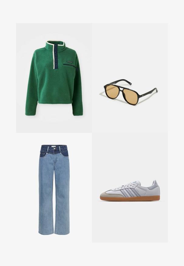 Sudadera de forro polar verde con cuello alto, tapeta de botones en azul marino y un bolsillo con cremallera. Presenta una textura suave y un detalle de crema que contrasta.; Jeans de mezclilla anchos de color azul claro con cintura alta, diseño de cinco bolsillos y un parche de color azul oscuro en la parte frontal.; Zapatillas de cuero blanco con acentos en azul claro, puntera de ante gris y suela de goma marrón. Presentan tres rayas azules y la marca "Samba".; Gafas de sol negras con lentes de color marrón; forma rectangular con un marco grueso, incluyendo sutiles acentos de hardware en las patillas.