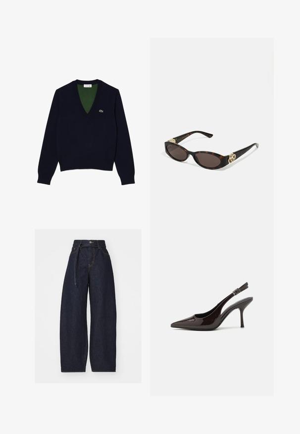 Mornarsko modra pulover s V-izrezom, izdelan iz mehke tkanine, z rebrastim ovratnikom in manšeti, s kontrastno zeleni notranjosti ter majhnim logotipom na prsih.; Temno modre široke kavbojke z visokim pasom, sprednjim zapenjanjem in pasom iz tkanine. Gladka tekstura s kontrastnimi šivi.; Slingback visoke pete v sijajni temno rjavi lak koži, koničastim nosom, odprtimi stranmi in nastavljivim gležnjenčkim trakom.; Kornjačaste sunčane naočale s izduženim ovalnim lećama, smeškim tonovima, zlatnim logotipom na drškama i elegantnim crnim rukohvatima.