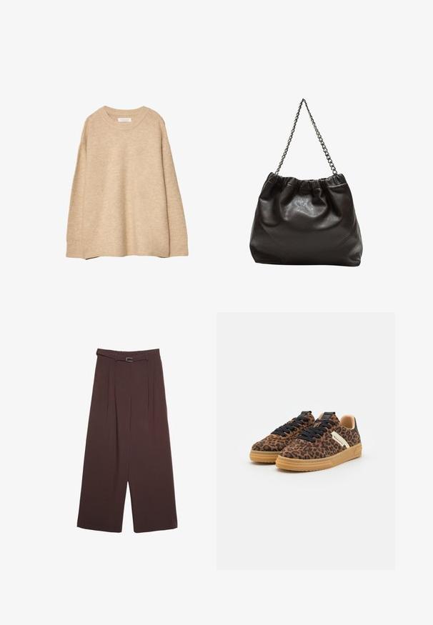 Pull beige en maille douce avec un col rond, des manches longues et des poignets et un ourlet côtelés. Design minimaliste sans motifs.; Stradivarius WIDE-LEG WITH BUCKLE DETAIL - Pantalon classique - dark brown; Une paire de baskets à imprimé léopard marron avec des lacets noirs, des semelles en gomme beige et des accents blancs sur les côtés, sur fond blanc.; Sac en cuir marron avec un haut froncé et une bandoulière en chaîne. Texture lisse avec une finition brillante et des coutures subtiles sur les côtés.