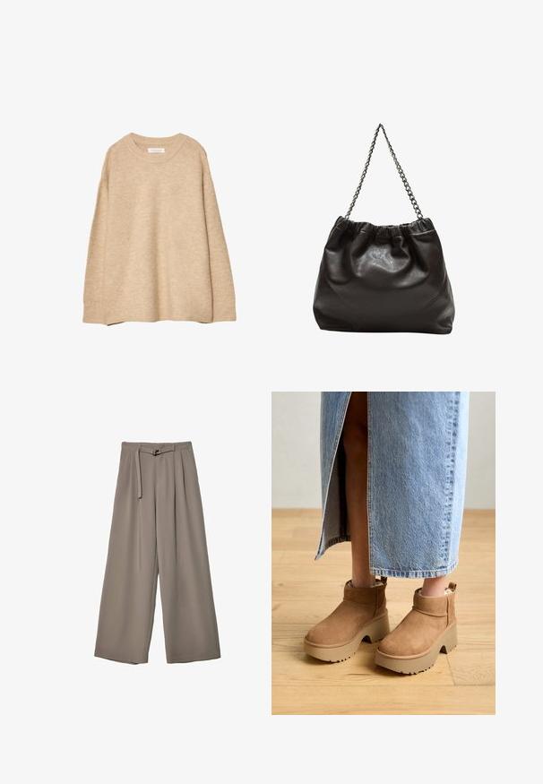 Beige trui van zacht breimateriaal met een ronde hals, lange mouwen en geribde boorden en zoom. Minimalistisch ontwerp zonder patronen.; Wijd nietenbroeken van een zachte, gedempte grijze stof, met een ceintuur in de taille en plooien voor extra ontwerpelementen. Gladde textuur, geen patronen.; Bruine suède enkellaarsjes met een dikke beige platformzool. Heeft een ronde neus, korte manchet en een zachte voering voor comfort.; Bruine leren tas met een geplooide bovenkant en een kettinghengsel. Glad textuur met een glanzende afwerking en subtiele naaddetails aan de zijkanten.
