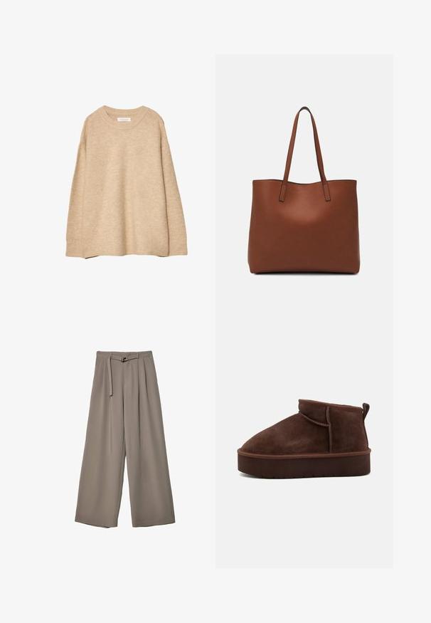 Bež džemper od mekanog pletenog materijala s okruglim izrezom, dugim rukavima, te rebrastim manžetama i rubom. Minimalistički dizajn bez uzoraka.; Široke hlače u mekoj, prigušenoj sivoj tkanini, s remenom na struku i plisiranim detaljima za dodatni dizajn. Glatka tekstura, bez uzoraka.; Smeđi antilop čizmice do gležnja s zaobljenim nosom, mekom teksturom i debelim platformama. Ima suptilne šavove i petnu petlju.; Smeđa kožna torba preko ramena s glatkom teksturom, otvorenim vrhom i dvjema naramenicama. Ima minimalne šavove i nema vidljivog hardvera.