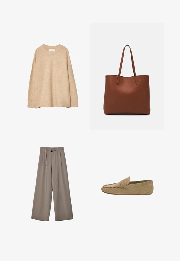 Beiger Pullover aus weichem Strickmaterial mit rundem Ausschnitt, langen Ärmeln und gerippten Bündchen und Saum. Minimalistisches Design ohne Muster.; Weite Hose aus einem weichen, gedämpften grauen Stoff, mit einem taillierten Bund und Falten für zusätzliche Design-Details. Glatte Textur, keine Muster.; Hellbraune Wildleder-Herrenlober mit genähter Mokassin-Spitze und Penny-Riemen, flache Gummisohle, seitliches Profil auf weißem Hintergrund.; Braune Leder-Tote mit glatter Textur, offenem Oberteil und zwei Schulterriemen. Verfügt über minimale Nähte und keine sichtbaren Beschläge.