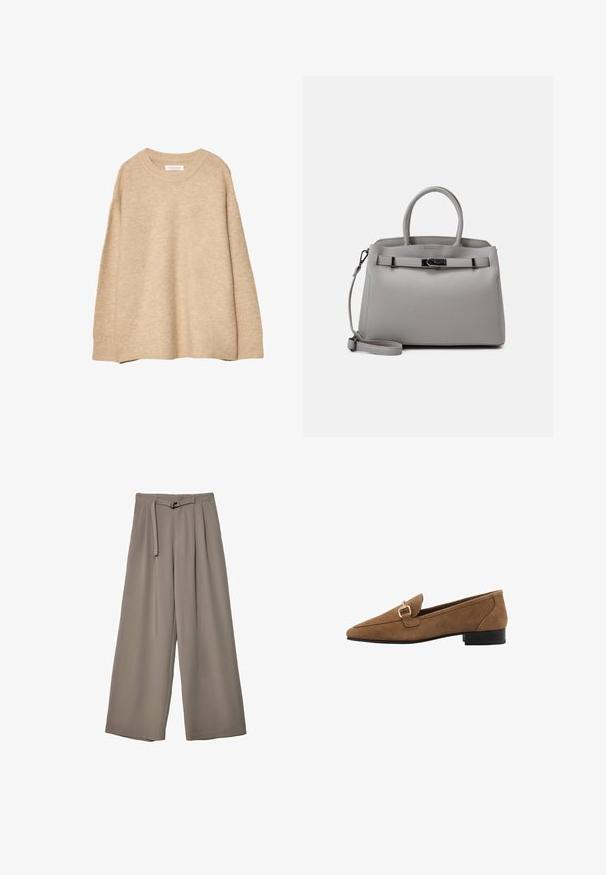 Beige trui van zacht breimateriaal met een ronde hals, lange mouwen en geribde boorden en zoom. Minimalistisch ontwerp zonder patronen.; Wijd nietenbroeken van een zachte, gedempte grijze stof, met een ceintuur in de taille en plooien voor extra ontwerpelementen. Gladde textuur, geen patronen.; Bruine suède instappers met een spitse neus, voorzien van een gouden gespaccent en een lage zwarte hak. Eenvoudige, gladde textuur, klassiek ontwerp.; Grijze leren handtas met dubbele handvaten, een afneembare schouderriem, een gladde textuur en een metalen sluiting aan de voorkant. Rond model en minimalistisch ontwerp.