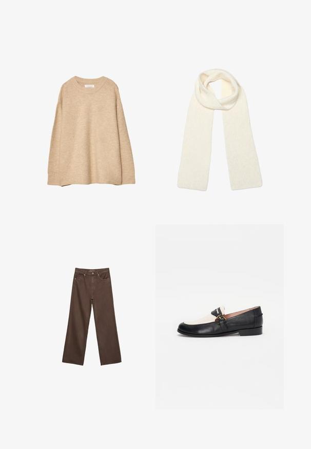 Maglione beige realizzato in morbido materiale a maglia, con scollo rotondo, maniche lunghe e polsini e orlo a coste. Design minimalista senza pattern.; Jeans a gamba larga marroni in denim, con vita alta, tasche anteriori e chiusura a bottone classica. Tessuto liscio con cuciture sottili.; Mocassini in pelle nera e beige con punta rotonda, dotati di una fibbia in tonalità oro su una fascia laterale e di un tacco basso e piatto.; Sciarpa morbida di lana color crema, piegata leggermente in cima con entrambe le estremità che pendono dritto verso il basso.; Borsa in pelle marrone con parte superiore arricciata e tracolla a catena. Texture liscia con finitura lucida e dettagli di cucitura sottili sui lati.