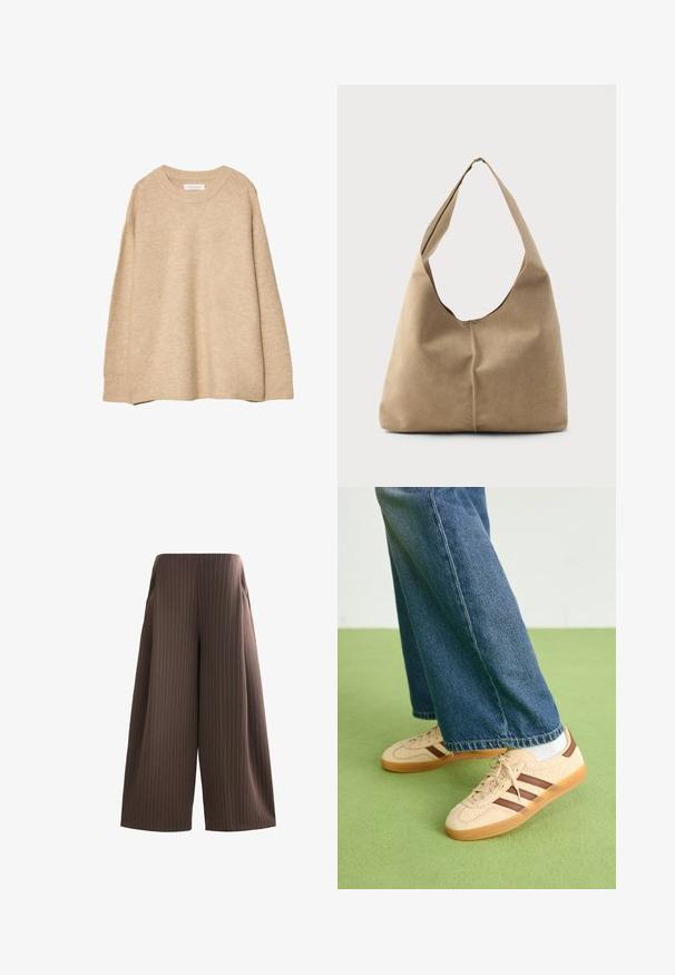 Beige neulepaita, joka on valmistettu pehmeästä neulemateriaalista, jossa on pyöreä kaula-aukko, pitkät hihat sekä ribbineuloksella varustetut hihansuut ja helma. Minimalistinen muotoilu ilman kuvioita.; Ruske leve-legg bukser med vertikale hvite striper, med sidelommer og en glatt tekstur. Flat midje uten synlig maskinvare.; Beige lenkkarit, joissa on tekstuuriset kerma-paneelit ja ruskeat raidat, yhdistettynä sinisiin farkkuihin. Farkut ovat leveät ja niissä on repaleinen helma.; Hobo-laukku pehmeästä beige-suedesta, jossa on löysä muoto, leveä olkahihna ja käsinommeltu sauma edessä.