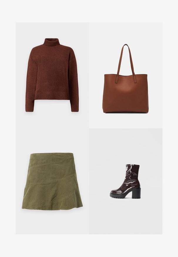 Brown turtleneck sweater made of soft knit fabric, featuring a relaxed fit, ribbed cuffs, and hem. Smooth texture with minimal detailing.; Olive green corduroy skirt with a flared shape, featuring diagonal seams and subtle texture. Mid-length design with no visible fastenings.; Glossy burgundy ankle boot with a chunky black heel, featuring a smooth texture and simple design. No visible fastenings or patterns.; Brown leather tote bag with a smooth texture, open top design, and two shoulder straps. Features minimal stitching and no visible hardware.