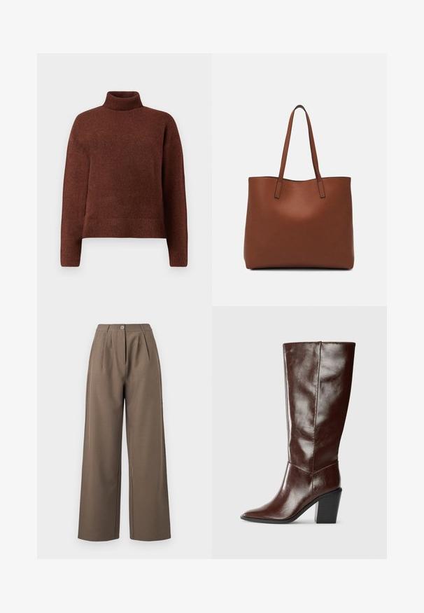 Suéter castanho de gola alta feito de um tecido de malha macia, com um corte descontraído, punhos e bainha canelados. Textura suave com detalhes mínimos.; Calças de perna larga numa tonalidade castanha suave, com uma cintura alta, pregas frontais e um fecho de botão único. Textura suave e design ajustado.; Bota alta de couro marrom escuro com bico pontudo e salto bloco empilhado, vista de lado sobre um fundo liso.; Bolsa tote de couro castanho com uma textura suave, design de abertura superior e duas alças para o ombro. Apresenta costura mínima e sem hardware visível.