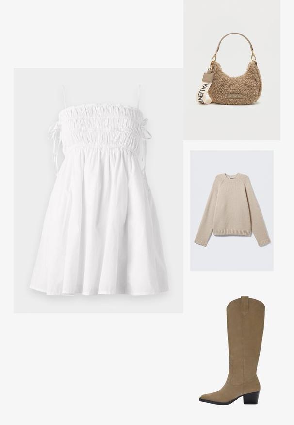 Pulover tricotat bej cu mâneci raglan lungi și cu tivuri și margini ribbate, așezat plat pe un fundal deschis.; Rochie de vară din bumbac alb, cu corp smockat, bretele subțiri ajustabile și fustă cu croială largă. Textură moale și design ușor.; Cizme din daim maro, până la genunchi, cu vârf ascuțit, toc cu grosime și detalii de cusătură pe laturi. Textură fină și design structurat.; Geantă maro texturată, realizată din material pufoș, cu o formă curbată, un mâner scurt și o curea detașabilă pe care este inscriptionat "VALENTINO".