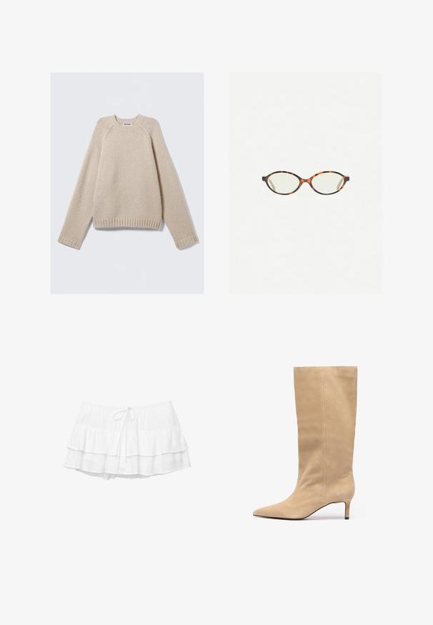 Beige Strickpullover mit langen Raglanärmeln und gerippten Bündchen und Saum, flach auf einem hellen Hintergrund ausgelegt.; Weißen, geschichteten Rock mit drei Rüschenschichten, elastischem Bund und Kordelzugdetails. Hergestellt aus leichtem, strukturiertem Stoff.; Beige Wildleder Kniefallstiefel mit spitzem Zehen und schlankem Absatz. Verfügt über vertikale Nähte entlang des Schafts für zusätzliche Details.; Schildpatt-Eyegläser mit ovalen Gläsern und einer eleganten, glatten Oberfläche. Mit dünnen Seiten und einer subtilen Kurve an den Schläfen. Klare Gläser.