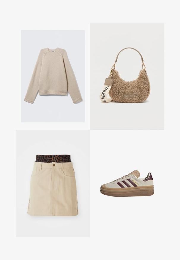 Pulover tricotat bej cu mâneci raglan lungi și cu tivuri și margini ribbate, așezat plat pe un fundal deschis.; Fustă din denim bej cu un brâu elastic cu imprimeu leopard maro, buzunare frontale și o croială dreaptă, cu detalii de cusut vizibile.; Tenisi din suede bej cu dungi maronii, accente albe, o talpă translicidă groasă și branding ridicat pe lateral. Design cu șireturi.; Geantă maro texturată, realizată din material pufoș, cu o formă curbată, un mâner scurt și o curea detașabilă pe care este inscriptionat "VALENTINO".