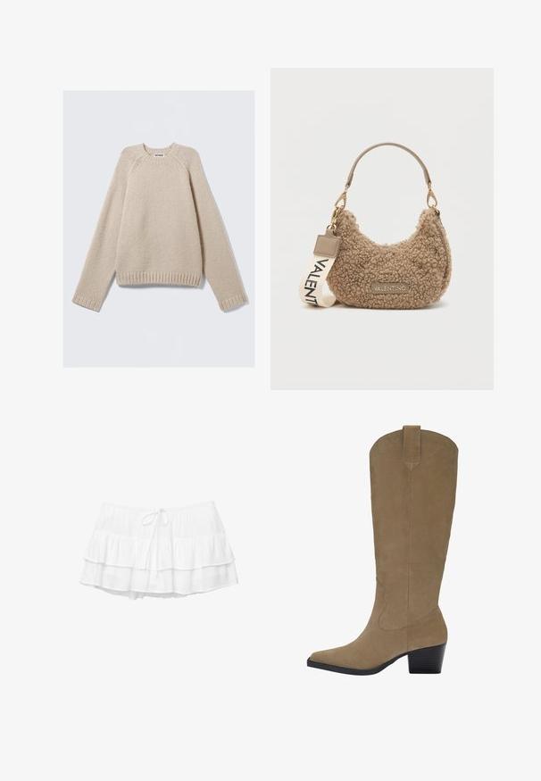 Pull en maille beige avec de longues manches raglan et des poignets et un ourlet côtelés, posé à plat sur un fond clair.; Jupe blanche à volants en trois niveaux, taille élastique et cordon de serrage. Fabriquée en tissu léger et texturé.; Bottes en suède beige jusqu'aux genoux avec un bout pointu, un talon empilé et des détails de couture le long des côtés. Texture lisse et design structuré.; Sac à main en cuir brun texturé, fabriqué en matériau en peluche, avec une forme incurvée, une courte poignée et une bandoulière amovible avec "VALENTINO" imprimé.