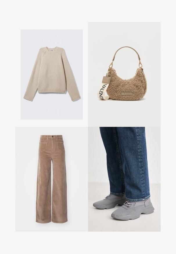Pull en maille beige avec de longues manches raglan et des poignets et un ourlet côtelés, posé à plat sur un fond clair.; ONLY HOPE GLOBAL HW EBBA POCKETS - Pantalon classique - fossil; Steve Madden Baskets basses - paloma grey; Sac à main en cuir brun texturé, fabriqué en matériau en peluche, avec une forme incurvée, une courte poignée et une bandoulière amovible avec "VALENTINO" imprimé.; Pilgrim ASHER RECYCLED EARRINGS - Boucles d'oreilles - silver-coloured