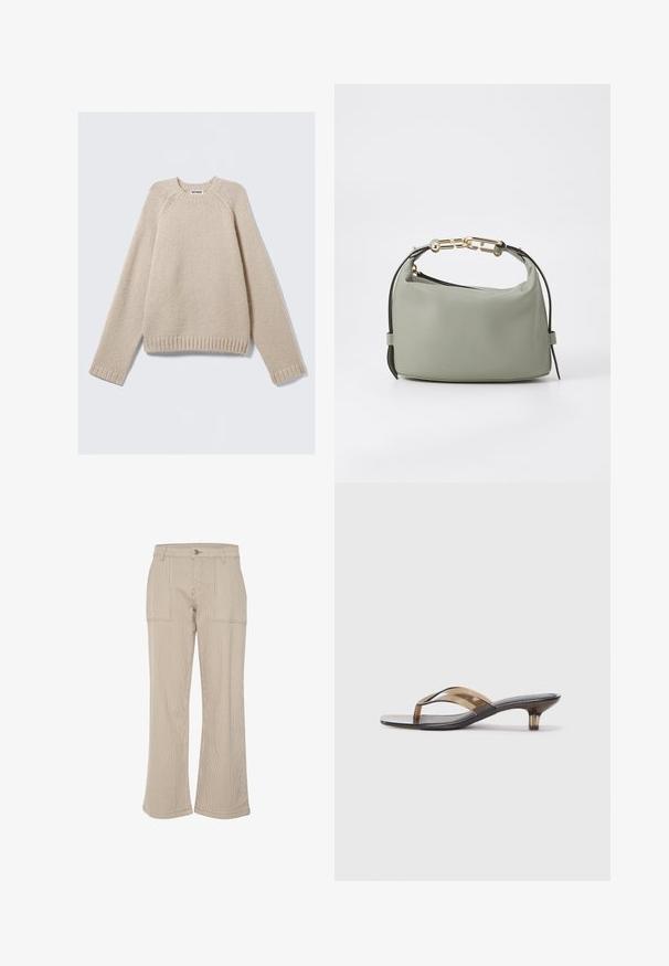 Beige kudumüts, millel on pikad raglanvarrukad ja soonikpidamised ning hem, laotatuna heledale taustale.; Beževi kašmíra laiad püksid vertikaalsete triipudega, millel on kaks eesmist taskut ja ühe haaknupuga sulgemine. Pehme tekstuur ja mugav lõige.; Selge kontsadega suss, millel on õhuke rihma disain, musta jalatugedega ja heleda pruuni aktsendiga, pakkudes minimaalset esteetikat.; Roheline nahast käekott ümarate joontega, millel on kuldne ahel käepide ja kontrastsed mustad aktsendid. Sile tekstuur, minimalistlik disain.