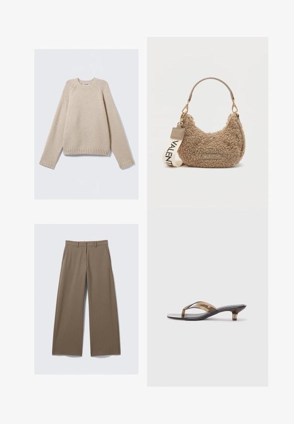 Béžový pletený svetr s dlouhými raglánovými rukávy a žebrovanými manžetami a lemem, položený na světlém pozadí.; Hnědé široké pruhované kalhoty s hladkým povrchem a klasickým designem, mají pas a přední skladby pro dokonale padnoucí střih.; Průhledné flip-flopy na podpatku s tenkým páskem, s černou stélkou a světlými hnědými akcenty, nabízející minimalistickou estetiku.; Hnědá texturovaná kabelka vyrobená z plyšového materiálu, se zakřiveným tvarem, krátkým uchem a odnímatelným popruhem s nápisem "VALENTINO".