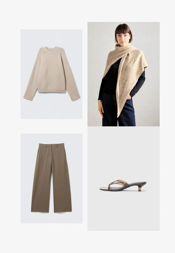 Vaalean beige neulepaita, jossa on longsammarat ja ribbireunat hihansuissa ja helmoissa, asetettuna tasaisesti vaalealle taustalle.; Ruskeat raidoitetut leveälahkeiset housut, joissa on sileä pinta ja klassinen muotoilu, varustettuna vyötärönauhalla ja etupleidoilla, jotka takaavat istuvan ja tyylikkään ilmeen.; Läpinäkyvät korkoflip-flopit, joissa on ohut hihnasuunnittelu, musta jalkapohja ja vaaleanruskeat yksityiskohdat, tarjoavat minimalistista estetiikkaa.; Neulehuivi beigen villasta, jossa on teksturoitu, kerroksellinen muotoilu ja kulmikas leikkaus. Puettuna mustan paidan ja sinisten farkkujen kanssa.; Vihreä nahkakäsilaukku pyöreällä muodolla, jossa on kultaketjuhandle ja ristiriitaiset mustat yksityiskohdat. Sileä pinta, minimalistinen muotoilu.