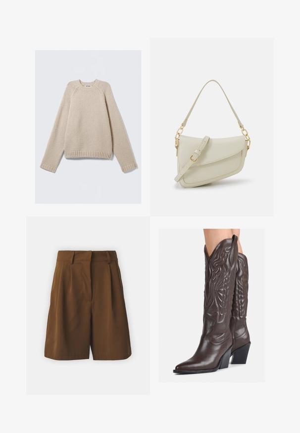 Beige knit sweater with long raglan sleeves and ribbed cuffs and hem, laid flat on a light background.; VILA VIEMLA - Shorts - dachshund; Brown leather cowboy boots with pointed toe and block heel, featuring detailed stitching and raised accents on the shaft.; Small cream handbag with a textured finish, a long adjustable strap, a chain accent, and a flap closure. Gold hardware detailing.