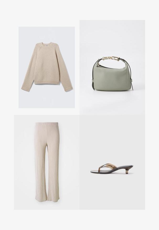 Béžový pletený svetr s dlouhými raglánovými rukávy a žebrovanými manžetami a lemem, položený na světlém pozadí.; Beige kalhoty s širokými nohavicemi vyrobené z texturované látky s vertikálními pruhy. Mají elastický pas a volný střih po celé délce nohavice.; Průhledné flip-flopy na podpatku s tenkým páskem, s černou stélkou a světlými hnědými akcenty, nabízející minimalistickou estetiku.; Zelená kožená kabelka zaobleného tvaru, s pozlaceným řetízkovým uchem a kontrastními černými akcenty. Hladký povrch, minimalistický design.