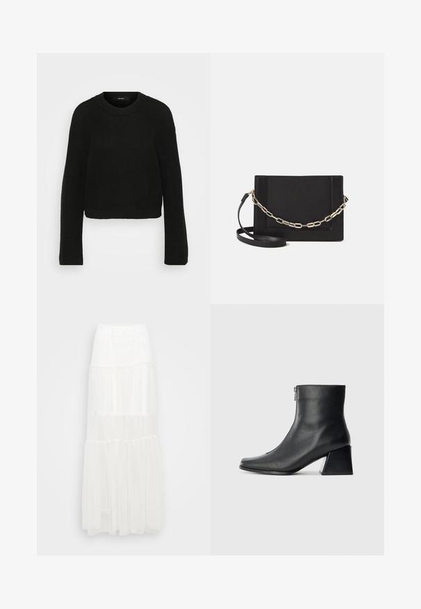 Sort strikket sweater med rund halsudskæring og lange ærmer. Har et struktureret mønster og en cropped design.; Hvid lagdelt maxiskørt med elastisk talje. Fremstillet af letvægtsstof, har semi-gennemsigtige lag og et flydende design.; Sort læderankelstøvle med firkantet tå, lynlås på siden og blokhæl mod en ensfarvet lys baggrund.; Sort læder crossbody taske med en glat tekstur, rektangulær form og en metallisk kæde detalje foran. Justerbar skulderrem inkluderet.