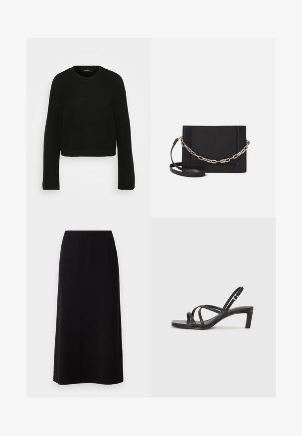 Mustat neulotut neulepaidat, joissa on pyöreä kaula-aukko ja pitkät hihat. Sisältää tekstuurisen kuvion ja lyhennetyn muotoilun.; Musta maksihame, jossa on sileä, pehmeä tekstuuri ja joustava vyötärö. Yksinkertainen, suora leikkaus ilman näkyviä kuvioita tai koristeita.; Mustat hihnalligat, joissa on neliön muotoinen kärki ja matala lohkokorko. Ominaisuuksiin kuuluu useita ohuita hihnoja ja säädettävä nilkkahihna. Valmistettu sileästä nahasta.; Musta nahkainen olkalaukku, jossa on sileä pinta, suorakulmainen muoto ja metalliketju yksityiskohtana edessä. Mukana säädettävä hihna.