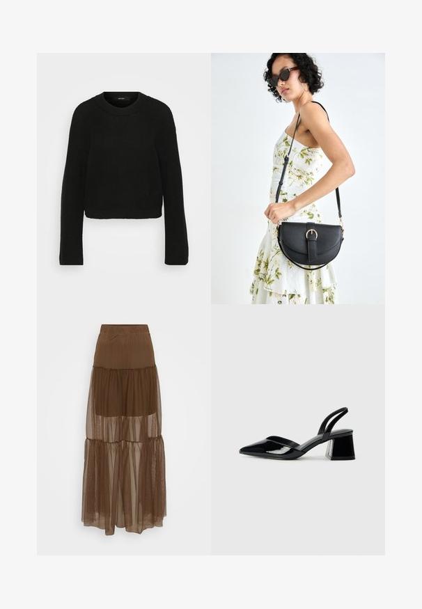 Pull en tricot noir avec un col rond et des manches longues. Présente un motif texturé et un design court.; Jupe brune à couches avec une superposition en maille texturée et une taille élastique. Elle présente trois niveaux de tissu transparent, offrant une silhouette fluide.; Escarpins en cuir verni noir avec bout pointu et talon bloc géométrique. Présente un design élégant et minimaliste ainsi qu'une texture lisse.; Sac à main en cuir noir avec une forme courbée, bandoulière amovible et des accessoires en or. Le sac est doté d'un rabat avec un détail de boucle.