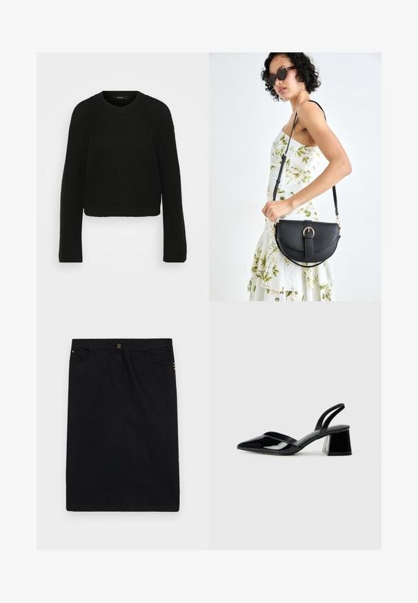 Čierny pletený sveter s okrúhlym výstrihom a dlhými rukávmi. Má textúrovaný vzor a skrátený strih.; Čierna džínová sukňa so rovný strihom, predným zapínaním na gombík a zips, piatimi vreckami a zlatými kovovými akcentmi po stranách.; Čierne lakované kožené sandálové podpätky s špicatou špičkou a geometrickým blokovým podpätkom. Disponujú elegantným, minimalistickým dizajnom a hladkým povrchom.; Čierna kožená kabelka s zaobleným tvarom, odnímateľným popruhom a zlatými doplnkami. Kabelka má klopu s detailom s prackou.