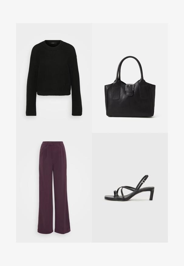 Black knitted sweater with a crew neckline and long sleeves. Features a textured pattern and a cropped design.; Wide-leg trousers in deep purple fabric. Features a tailored waistband with pleats. Smooth texture with no visible patterns or hardware.; Black strappy sandal with a square toe and a low block heel. Features multiple thin straps and an adjustable ankle strap. Made of smooth leather.; Black leather tote bag with smooth texture, structured shape, two handles, and a prominent silver buckle detail on the front.