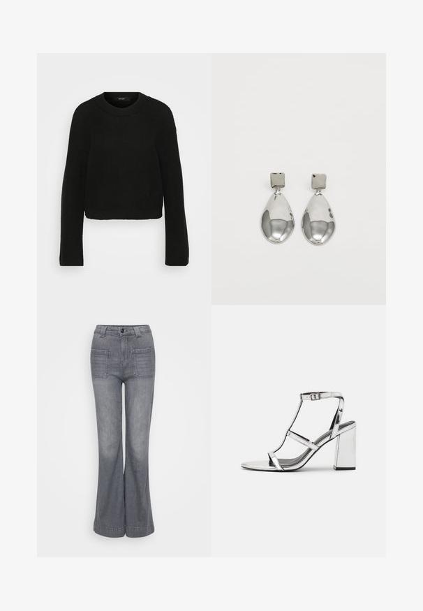 Svart strikket genser med rund hals og lange ermer. Den har et teksturert mønster og et cropped design.; Grå ytterjeans laget av denim med beltestykke, frontknapplukking og to baklommepatch. Glatt tekstur og lys vask.; Sølvmetallisk hæl sandal med T-stroppdesign, justerbar ankelspenne og blokkheel, som har en glatt, reflekterende overflate.; Sølv dråpeøreringer med firkantet studs, med en glatt, polert overflate og en tåreformet design som reflekterer lys med en blank overflate.