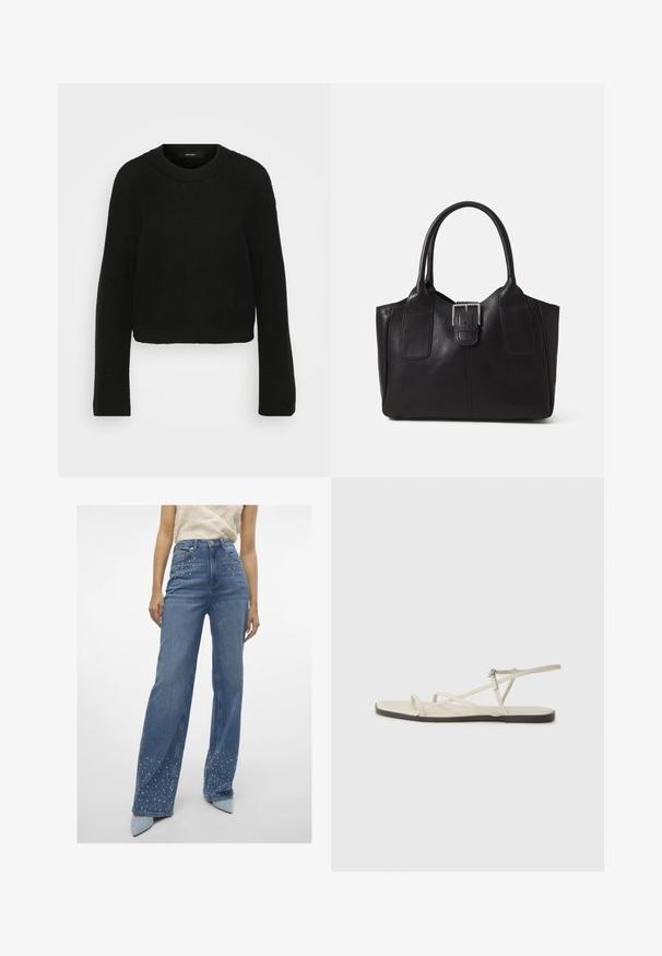 Črna pletena pulover z okroglo ovratnikom in dolgimi rokavi. Ima teksturiran vzorec in skrajšan dizajn.; Vero Moda Tall VMTESSA PEARL - Široke kavbojke - medium blue denim; Beige ravne sandale z več tankimi trakovi in nastavljivim zaponcem. Podplat je raven z rahlo temnim kontrastom na robu.; Črna usnjena torba s gladko teksturo, strukturirano obliko, dvema ročkama in izrazitim srebrnim sponko na sprednji strani.
