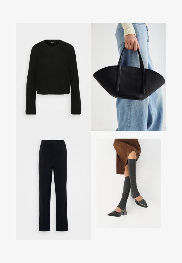 Crna pletena bunda s okruglim izrezom i dugim rukavima. Ima teksturirani uzorak i skraćeni dizajn.; Crne hlače ravnog kroja, s prednjim naborima i zatvaranjem na dugme, izrađene od glatkog materijala. Čiste linije kroz cijeli dizajn.; Crne lakirane cipele s šiljastim prstima, blok-petom i remenom oko gležnja, uparene s sivim rebrastim čarapama do koljena i smešnom suknjom od antilopa.; Crna kožna torba jedinstvenog oblika ventilatora, s ravnim ručkama. Površina ima teksturu sličnu šljunku i minimalistički dizajn.