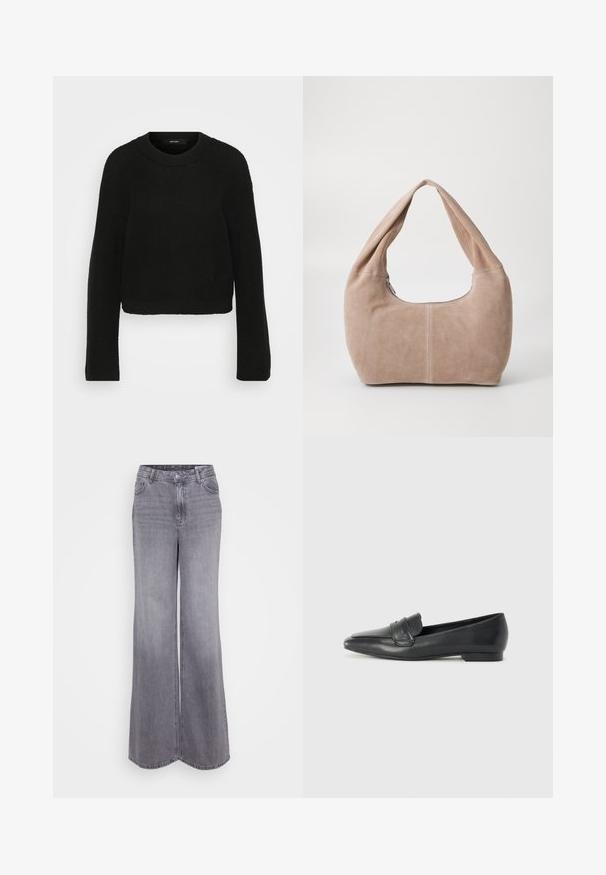 Sweater preto tricotado com decote redondo e mangas longas. Apresenta um padrão texturizado e um design cropped.; Calças de ganga cinzentas de perna larga com uma cintura alta, apresentando um fecho de botão, bolsos frontais e um desbotamento subtil para textura.; Sapatilhas de couro preto com bico apontado, perfil esguio e costura decorativa na parte superior. Apresenta um salto baixo e textura lisa e brilhante.; Bolsa hobo feita de material de camurça macio na cor bege claro. Apresenta uma forma arredondada com uma alça larga e fecho com zíper.