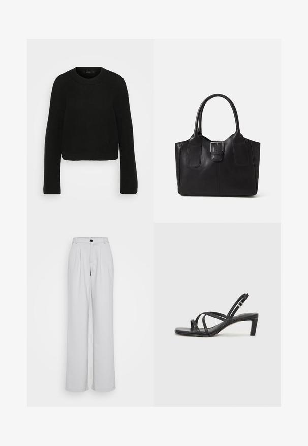 Sort strikket sweater med rund halsudskæring og lange ærmer. Har et struktureret mønster og en cropped design.; Lys grå vide bukser med frontfolder, en tætsiddende talje og en enkelt sort knaplukning. Lavet af glat, struktureret stof.; Sort remsandale med firkantet tå og en lav blokeret hæl. Har flere tynde stropper og en justerbar ankelrem. Fremstillet af glat læder.; Sort læder tote taske med glat tekstur, struktureret form, to håndtag og en fremtrædende sølvspænde detalje på forsiden.