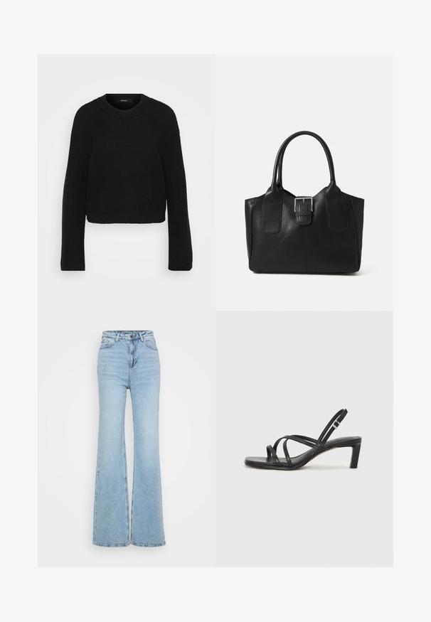 Mustmust jume mustris with ringiga ja pikkade varrukatega. Omab tekstuurset mustrit ja lühendatud disaini.; Heledad sinine teksapüksid, millel on kõrge vöökohaga, viie taskuga disain ja toore serv all. Tekstuur on veidi kulunud.; Mustast rihmajalatsid ruudukujulise varba ja madala ploki kontsaga. Omab mitmeid õhukesi rihmasid ja reguleeritavat pahkluu rihma. Valmistatud siledast nahast.; Mustgamma nahast kott, millel on sile tekstuur, struktureeritud kuju, kaks käepidet ja esiküljel silmapaistev hõbedane pandla detail.