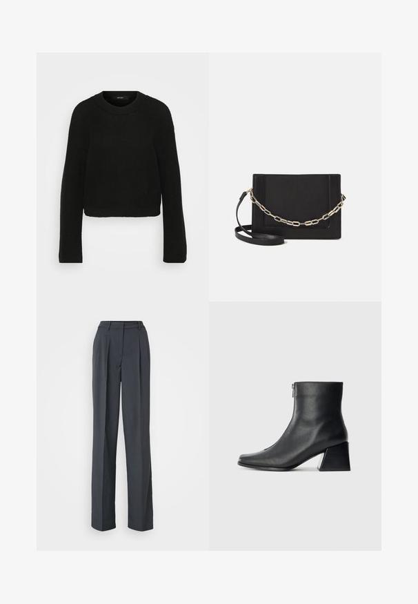 Black knitted sweater with a crew neckline and long sleeves. Features a textured pattern and a cropped design.; Dark gray wide-leg trousers made of textured fabric. Features front pleats, a flat waistband, and a clean design without embellishments.; Black leather ankle boot with square toe, side zipper, and block heel against plain light background.; Black leather crossbody bag featuring a smooth texture, rectangular shape, and a metallic chain detail on the front. Adjustable strap included.
