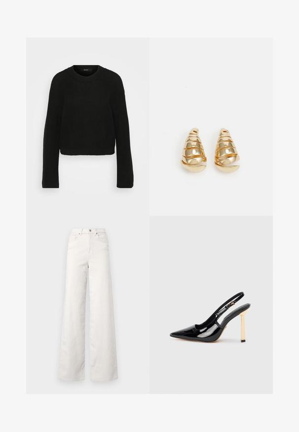Crna pletena bunda s okruglim izrezom i dugim rukavima. Ima teksturirani uzorak i skraćeni dizajn.; ONLY Tall ONLHOPE GLOBAL HIGH WAIST WIDE - Hlače - pumice stone; Crna lakirana kožna cipele s visokom petom, otvorenom petom, s šiljastim vrhom i zlatnim četvrtastim detaljem na peti. Sadrži podesivu kopču oko gležnja.; Naušnice zlatne boje u obliku izduženih konusa s spiralnim detaljima. Glatka površina s refleksivnim završetkom, s zakrivljenim akcentima.